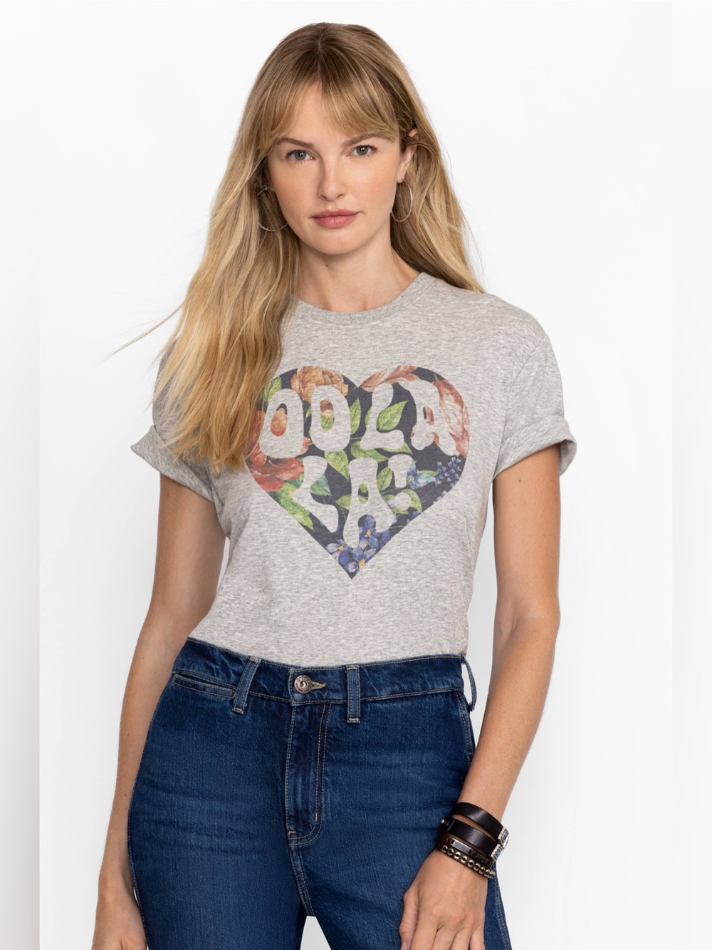 🆕 Johnny Was x Sassoon Ooh La La Tee T-Shirt Heart Floral Gray Boho Chic XL